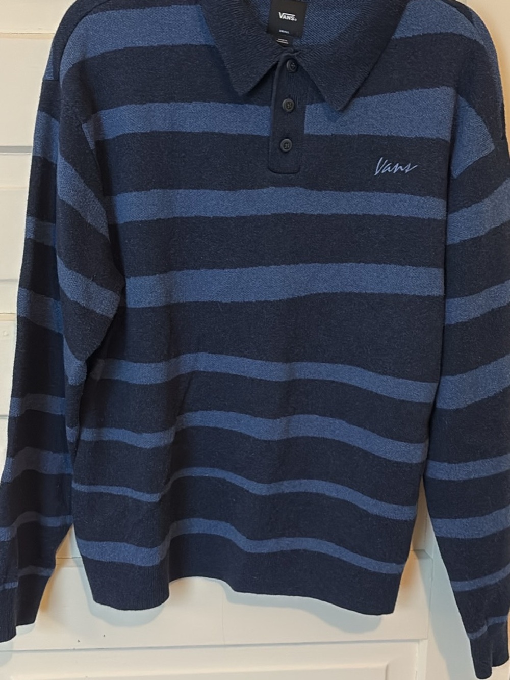 Vans Men's Navy and Blue Striped Long Sleeve sweater